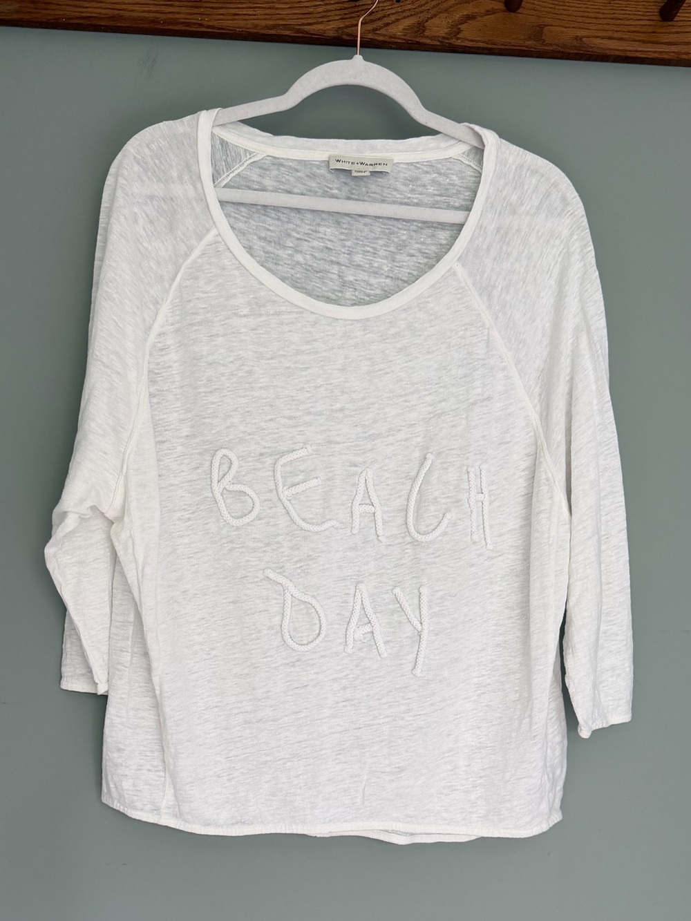 White + Warren 100% Linen "Beach Day" Rope Detail Lightweight White Tee Nautical